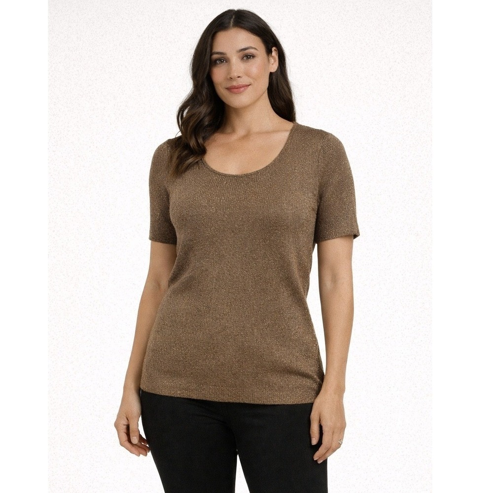 Lauren Ralph Lauren Women's Metallic Knit Sweater Sz S Brown Gold Short Sleeve